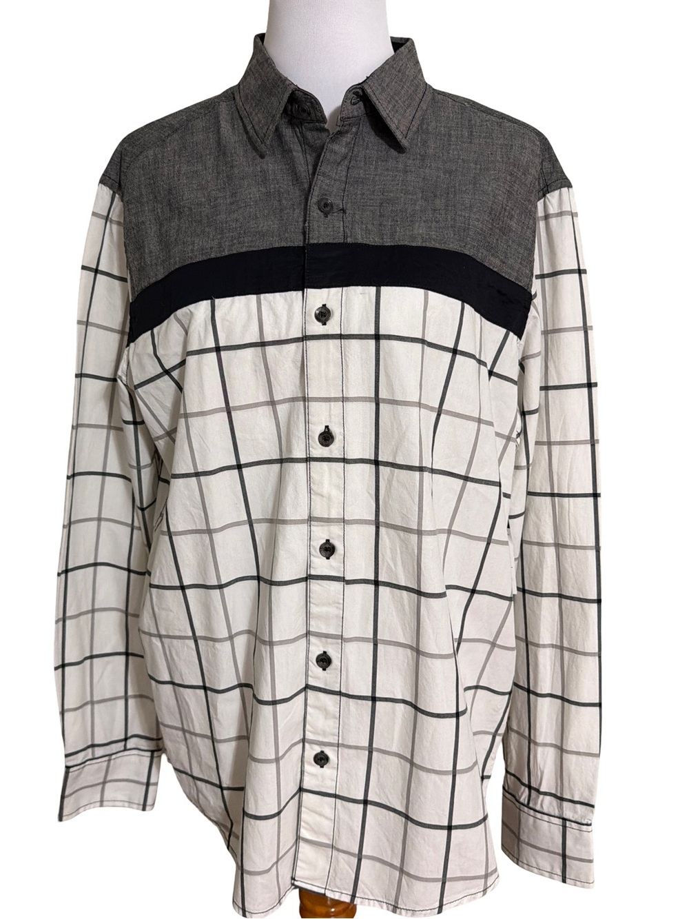 Sean John White Windowpane 100% Cotton Button-Down with Charcoal Yoke
